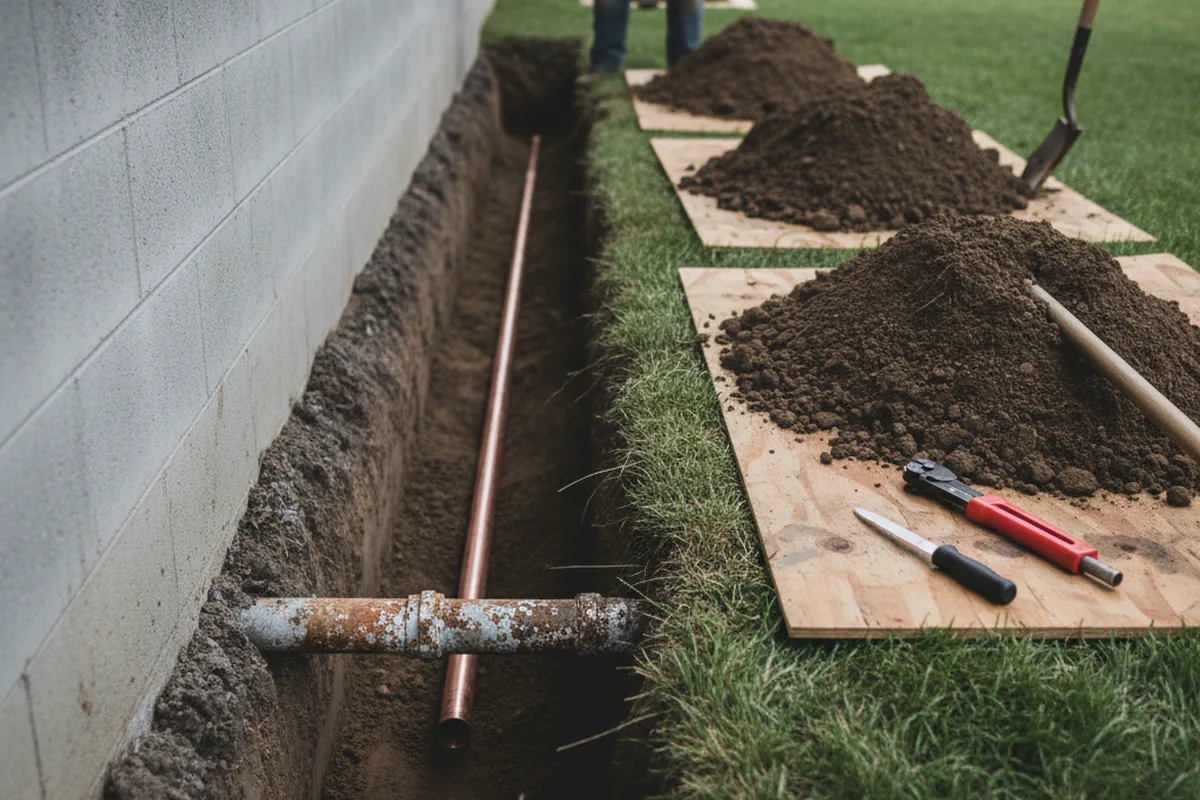 Excavated water line trench during Water Softener Installation in Smithdale